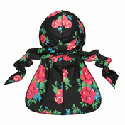 Red Retro Roses floral Satin Silky Durag - premium silky durag back view showing wrap straps, tail and stitching