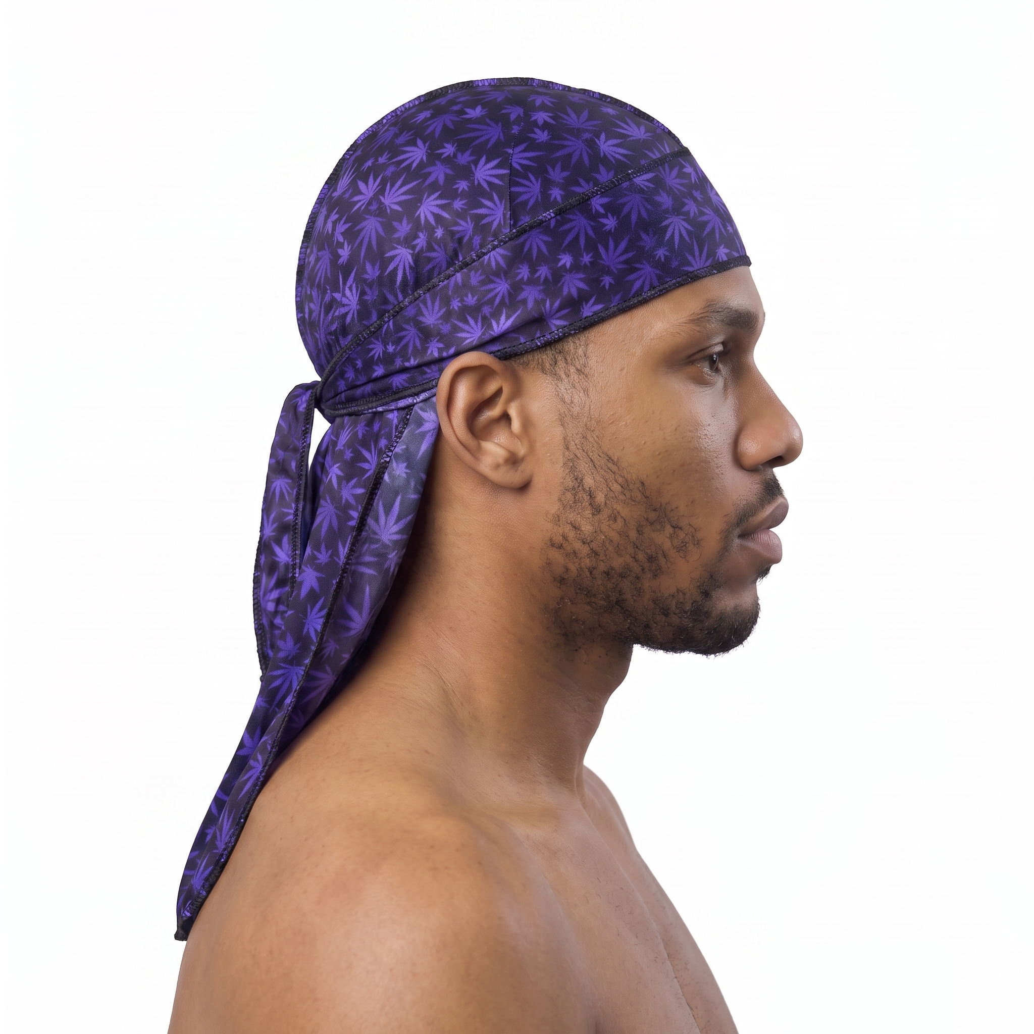 Cannabis Purple leaf print Satin Silky Durag worn by male model, side profile showing fit and tail drape