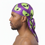 Alien Purple graphic Satin Silky Durag worn by male model, side profile showing fit and tail drape
