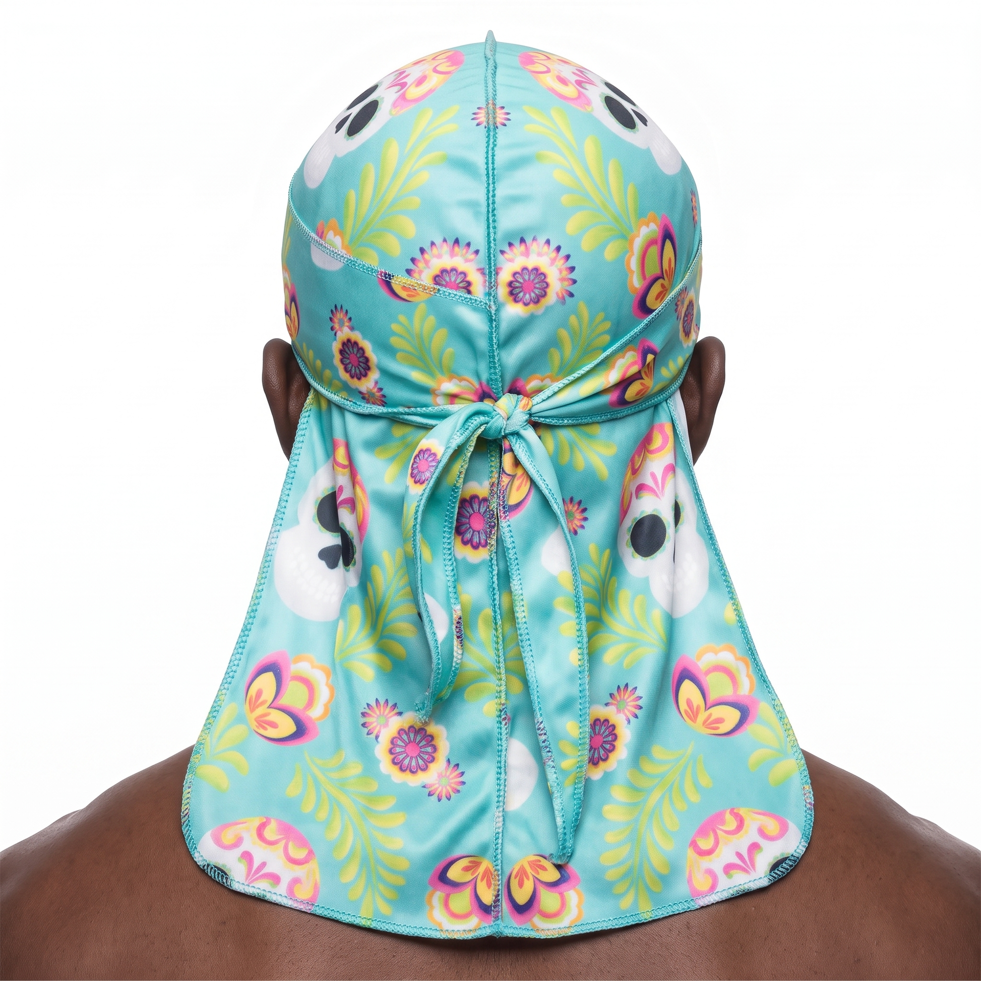 Cinco De Mayo Turquoise festive Satin Silky Durag worn by male model, back view showing tied wrap and tail