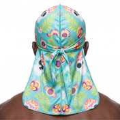Cinco De Mayo Turquoise festive Satin Silky Durag worn by male model, back view showing tied wrap and tail