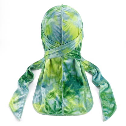 Supreme Tye-Dye Green Velvet Durag - premium velvet durag back view showing wrap straps, tail and stitching