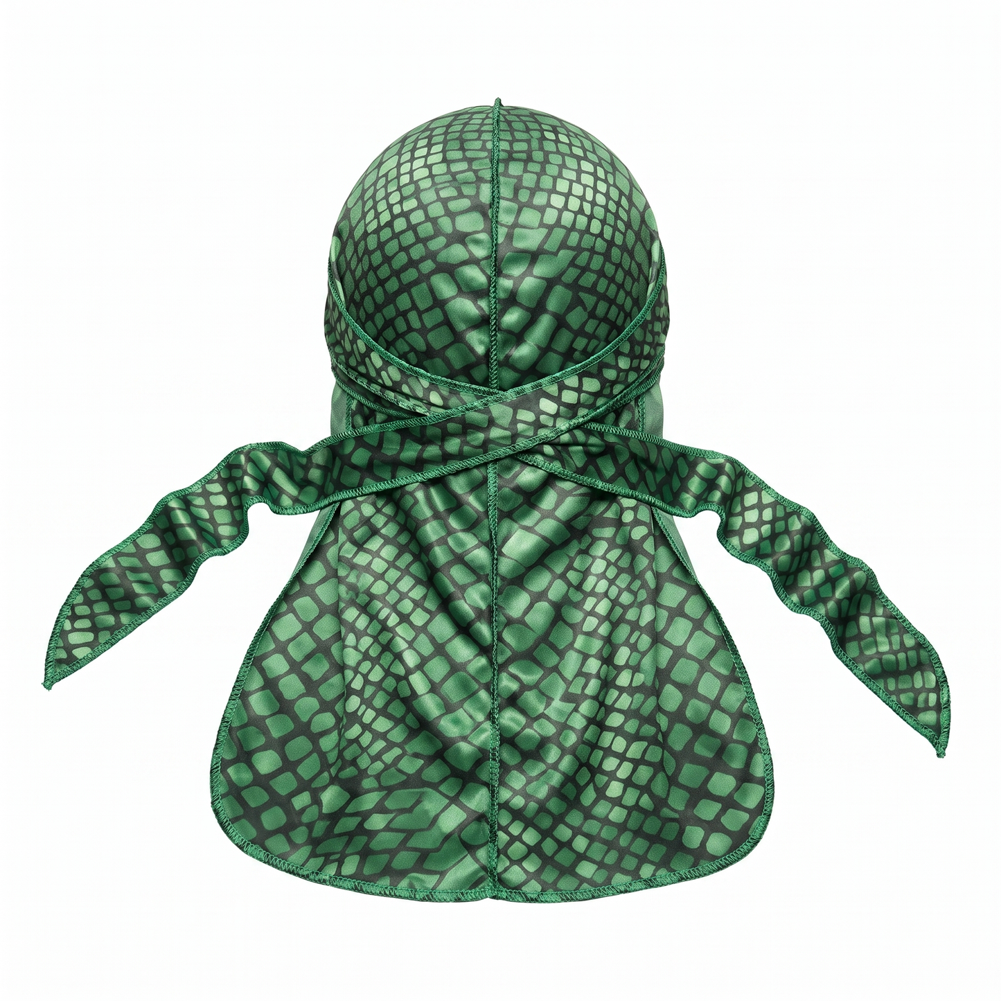 Green reptile snakeskin Satin Silky Durag - premium silky durag back view showing wrap straps, tail and stitching