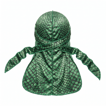Green reptile snakeskin Satin Silky Durag - premium silky durag back view showing wrap straps, tail and stitching