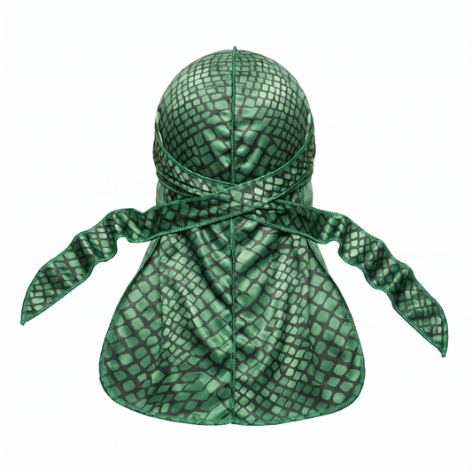 Green reptile snakeskin Satin Silky Durag - premium silky durag back view showing wrap straps, tail and stitching