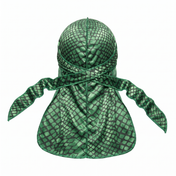 Green reptile snakeskin Satin Silky Durag - premium silky durag back view showing wrap straps, tail and stitching