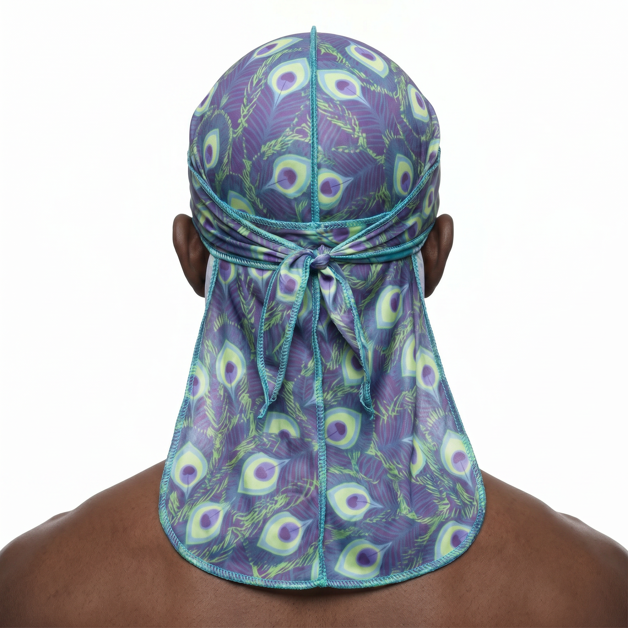 Peacock Shade feather Satin Silky Durag worn by male model, back view showing tied wrap and tail
