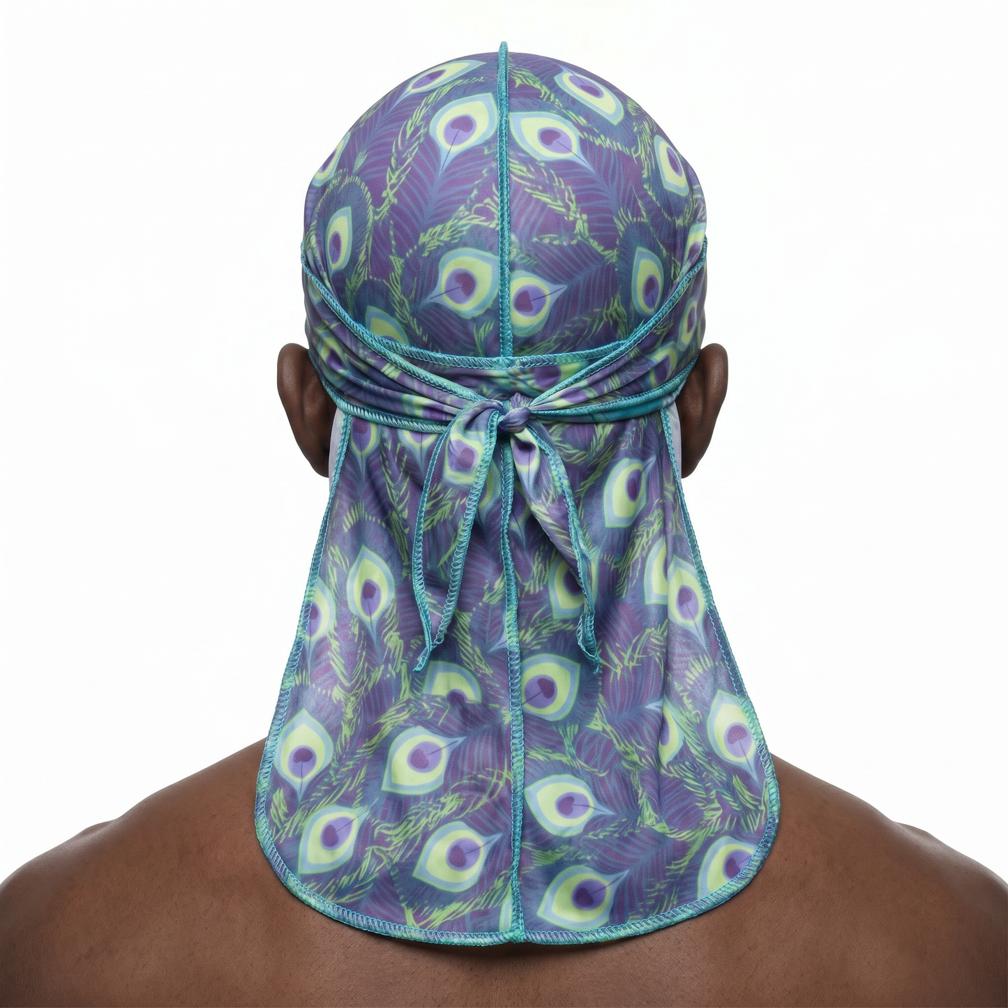 Peacock Shade feather Satin Silky Durag worn by male model, back view showing tied wrap and tail