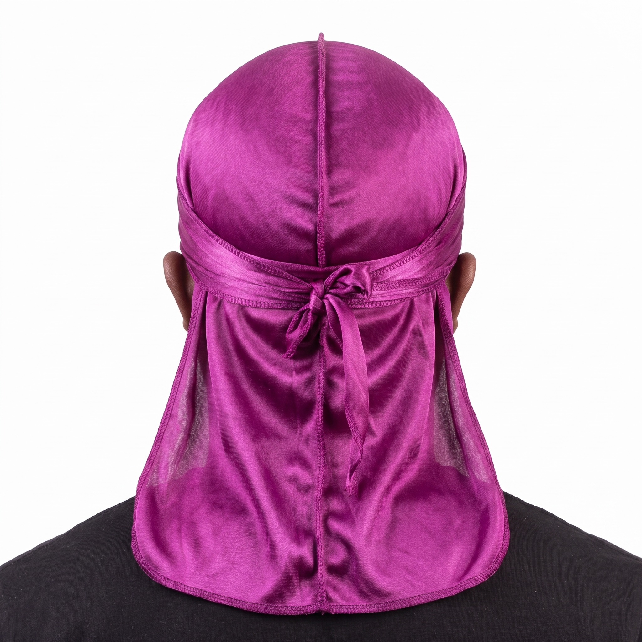 Premium Magenta Purple Silk Durag worn by male model, back view showing tied wrap and tail