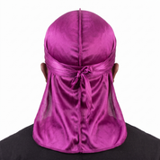 Premium Magenta Purple Silk Durag worn by male model, back view showing tied wrap and tail