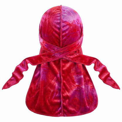 Premium Red Tye-Dye & Velvet Durag - premium velvet durag back view showing wrap straps, tail and stitching