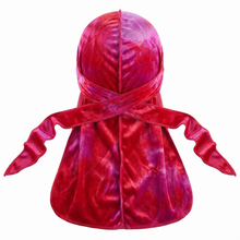 Premium Red Tye-Dye & Velvet Durag - premium velvet durag back view showing wrap straps, tail and stitching