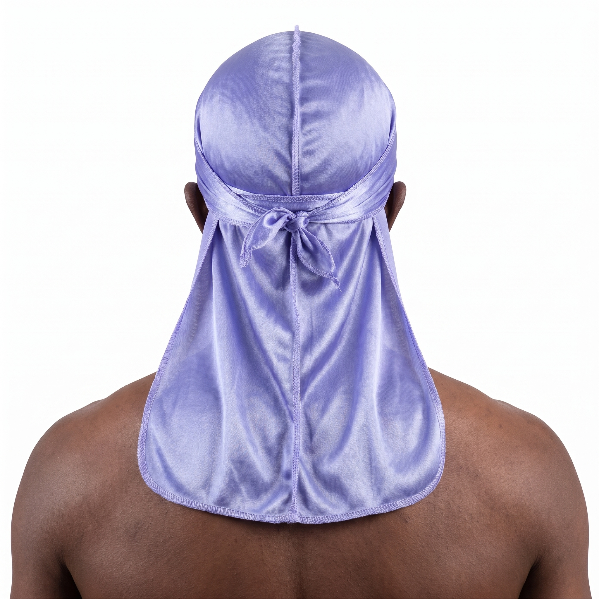 Premium Silk Durag Moonlight Blue worn by male model, back view showing tied wrap and tail