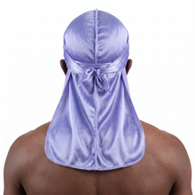 Premium Silk Durag Moonlight Blue worn by male model, back view showing tied wrap and tail