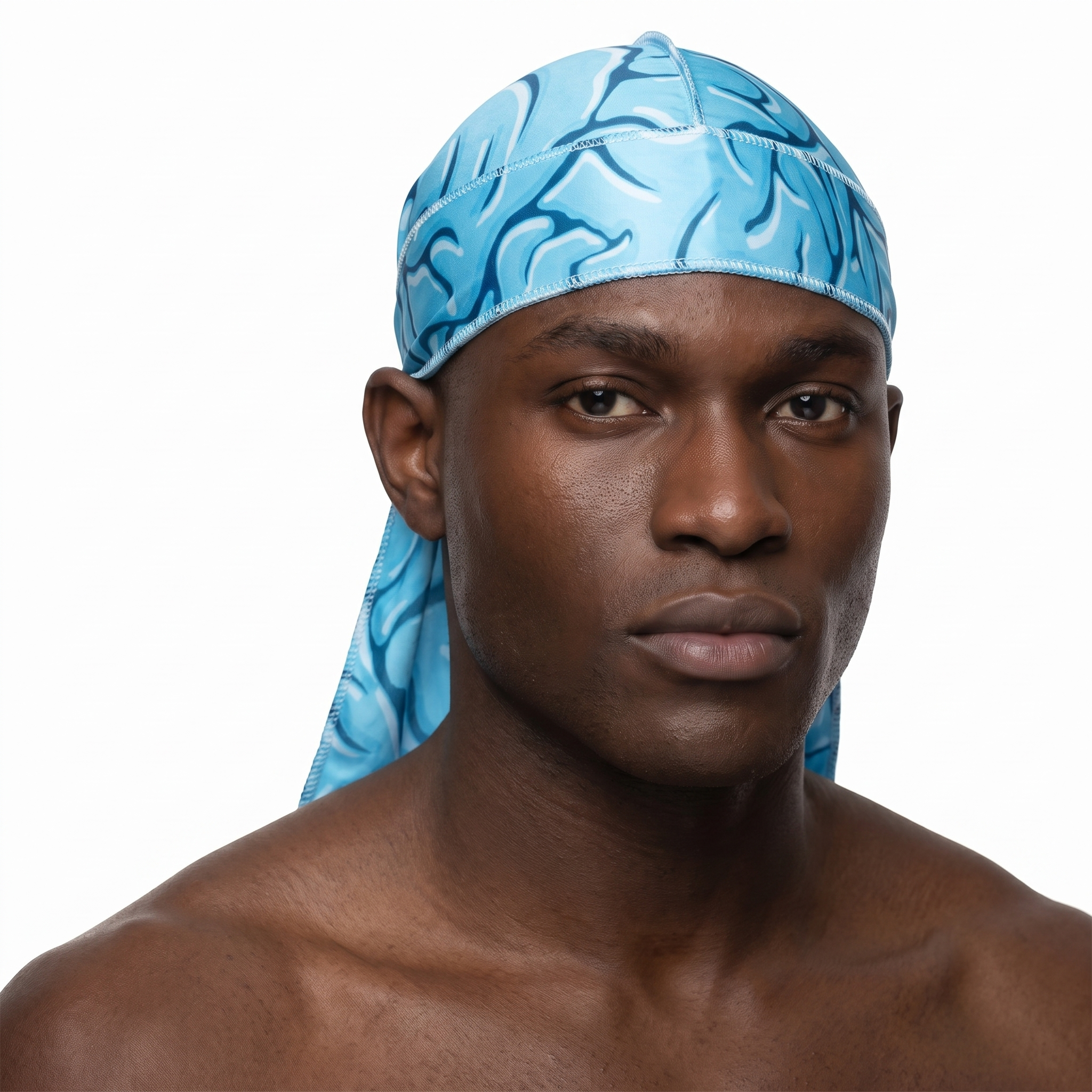 Blue Brains graphic Satin Silky Durag worn by male model, front view on white background