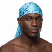 Blue Brains graphic Satin Silky Durag worn by male model, front view on white background