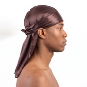 Premium Silk Durag Coffee Brown worn by male model, side profile showing fit and tail drape