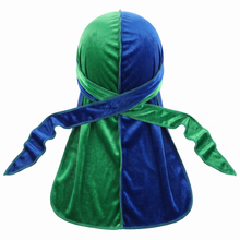 Premium Green & Blue Spilt Velvet Durag - premium velvet durag back view showing wrap straps, tail and stitching