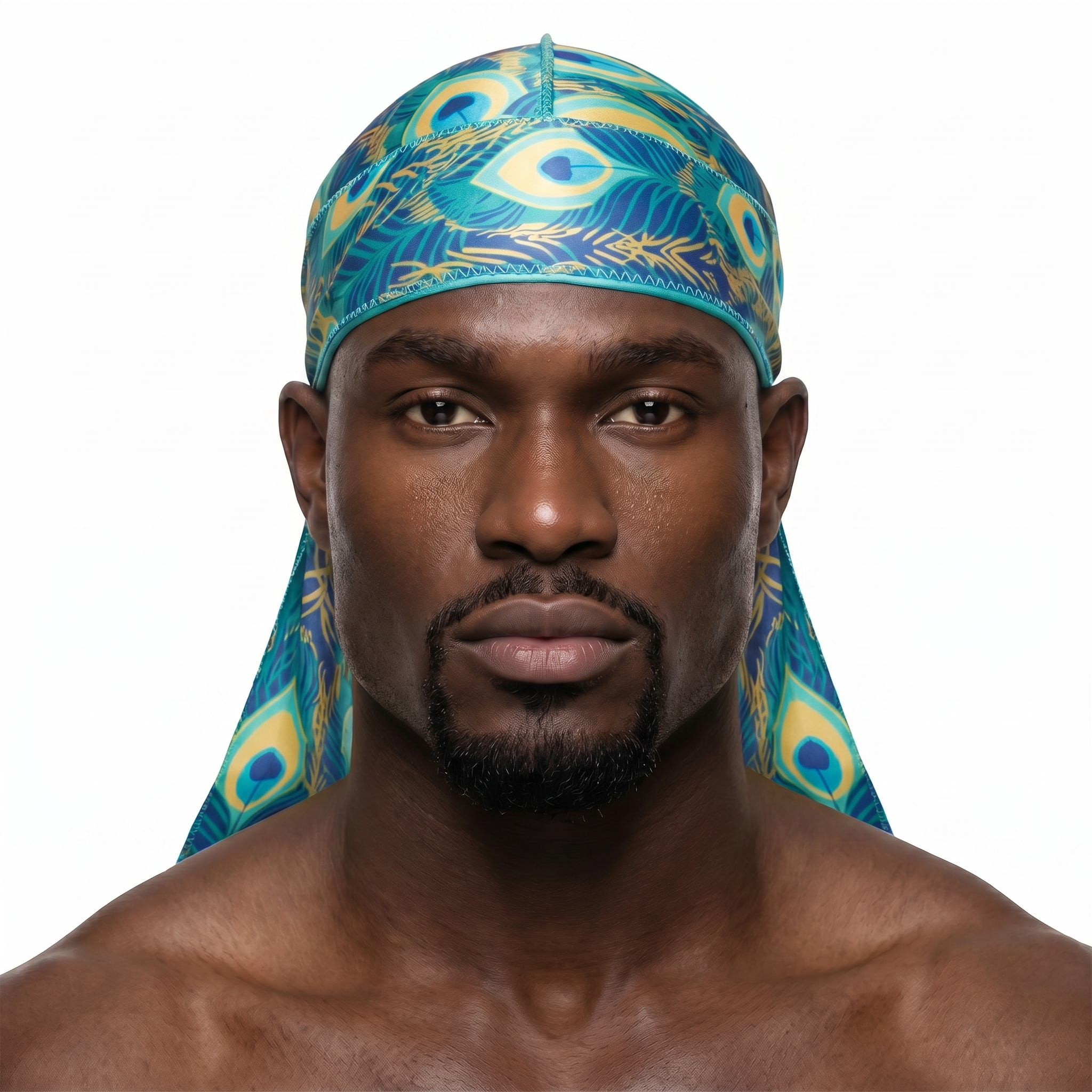 Peacock Bright feather Satin Silky Durag worn by male model, front view on white background