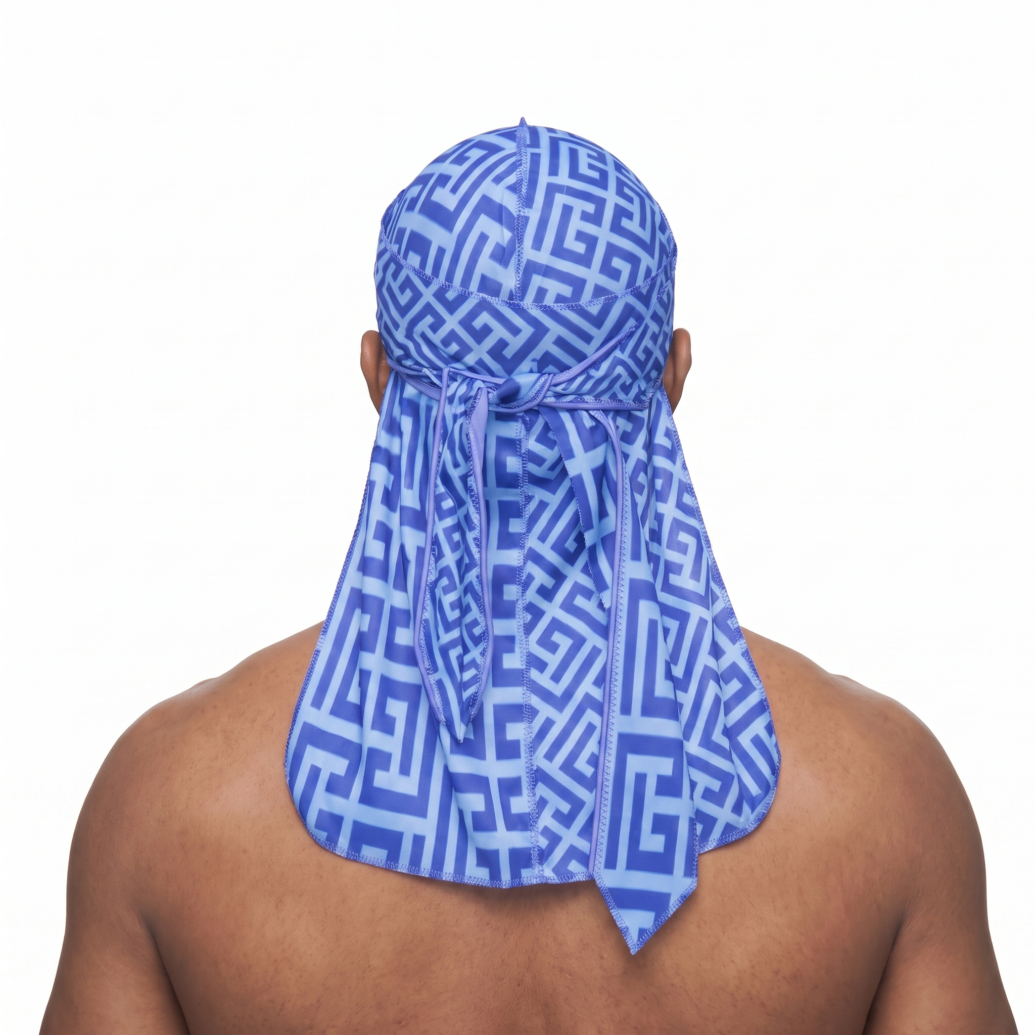 Blue Maze geometric Satin Silky Durag worn by male model, back view showing tied wrap and tail