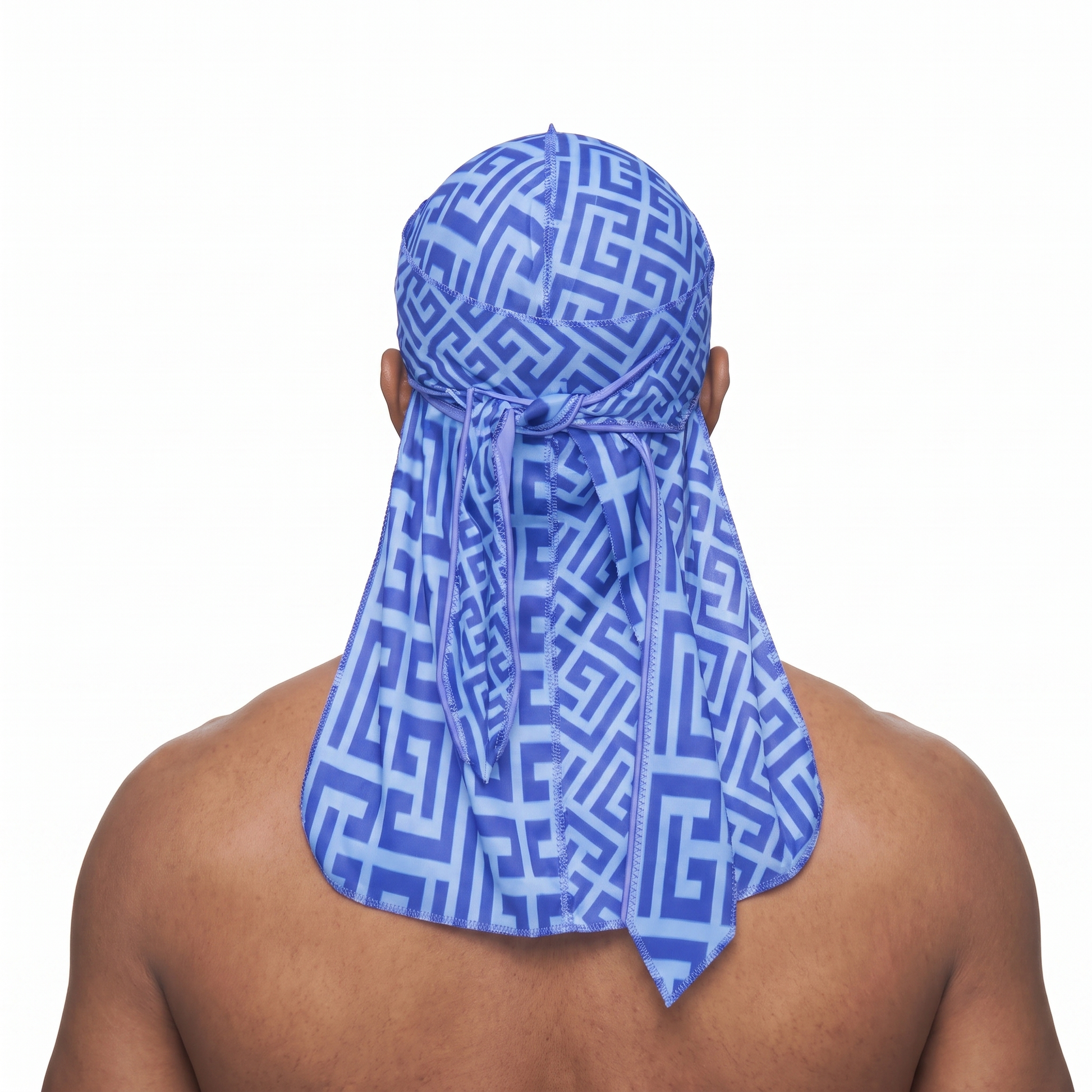 Blue Maze geometric Satin Silky Durag worn by male model, back view showing tied wrap and tail