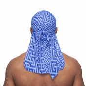 Blue Maze geometric Satin Silky Durag worn by male model, back view showing tied wrap and tail