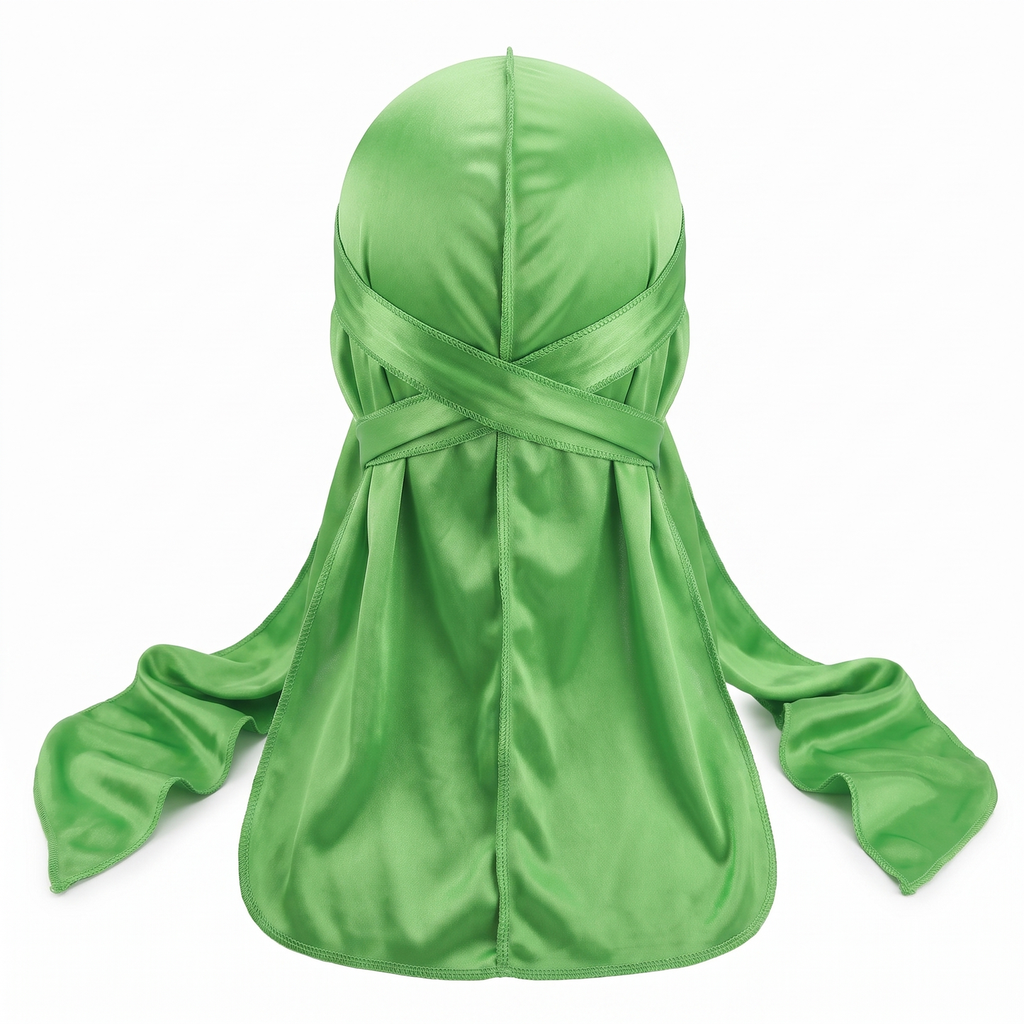 Premium Lime Green Silk Durag - premium heavy silky durag back view showing wrap straps, tail and stitching
