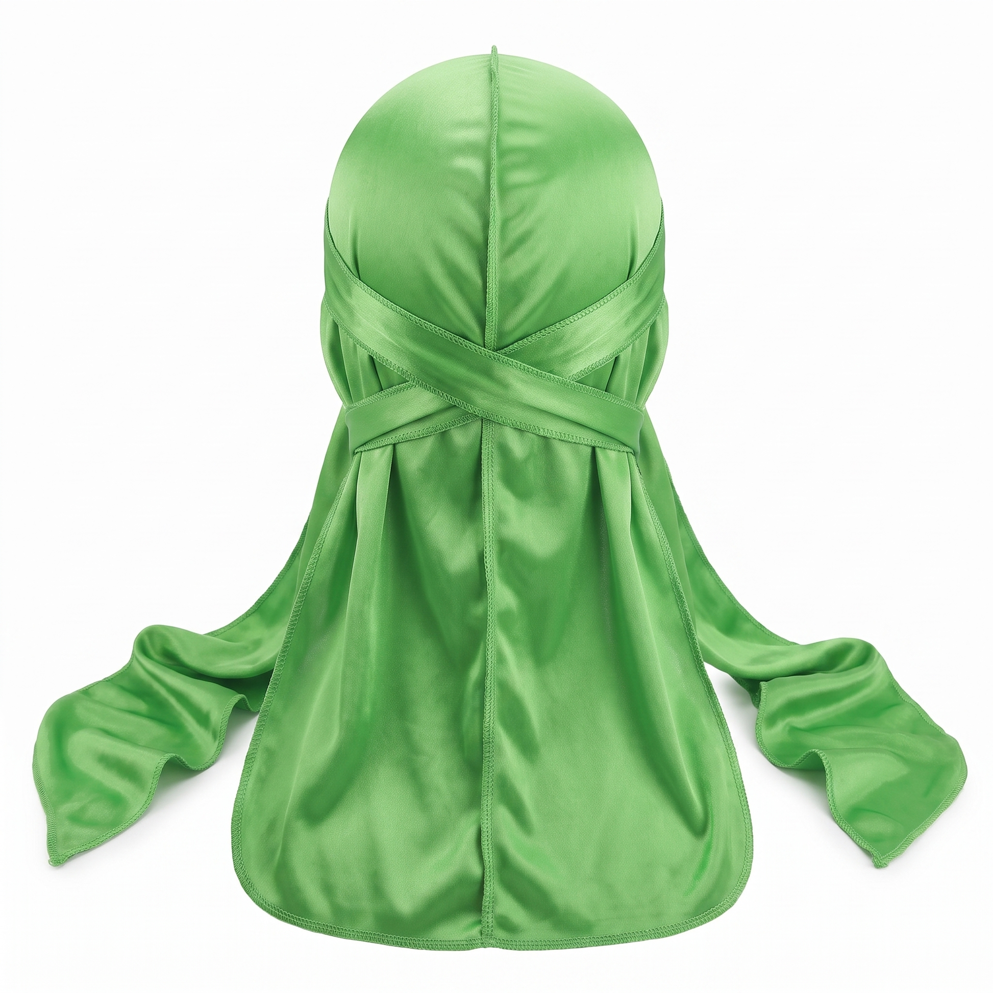 Premium Lime Green Silk Durag - premium heavy silky durag back view showing wrap straps, tail and stitching