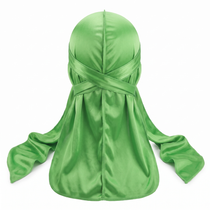 Premium Lime Green Silk Durag - premium heavy silky durag back view showing wrap straps, tail and stitching
