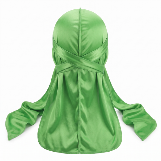 Premium Lime Green Silk Durag - premium heavy silky durag back view showing wrap straps, tail and stitching