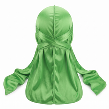 Premium Lime Green Silk Durag - premium heavy silky durag back view showing wrap straps, tail and stitching
