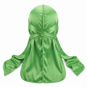 Premium Lime Green Silk Durag - premium heavy silky durag back view showing wrap straps, tail and stitching