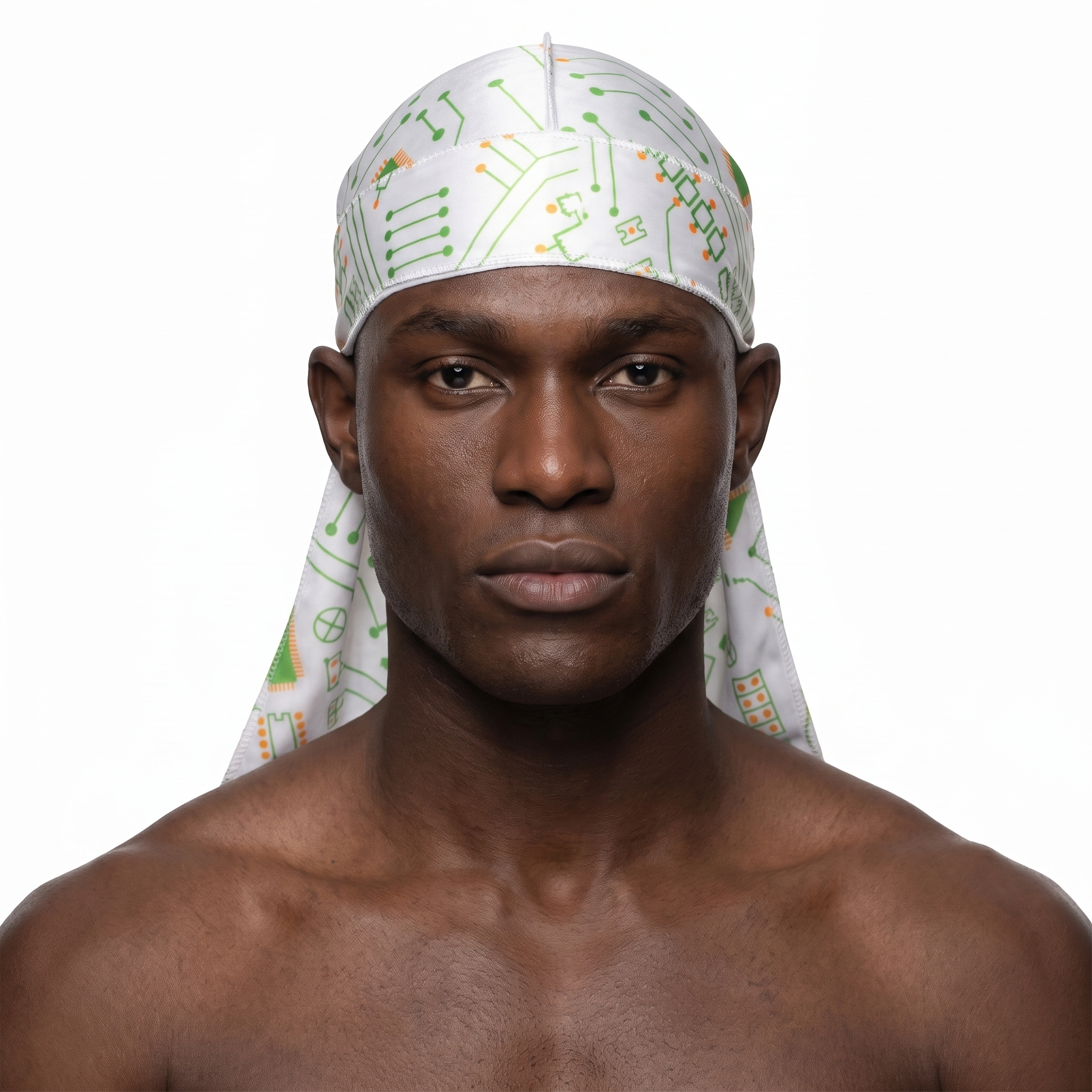 Digital White pixel camo Satin Silky Durag worn by male model, front view on white background