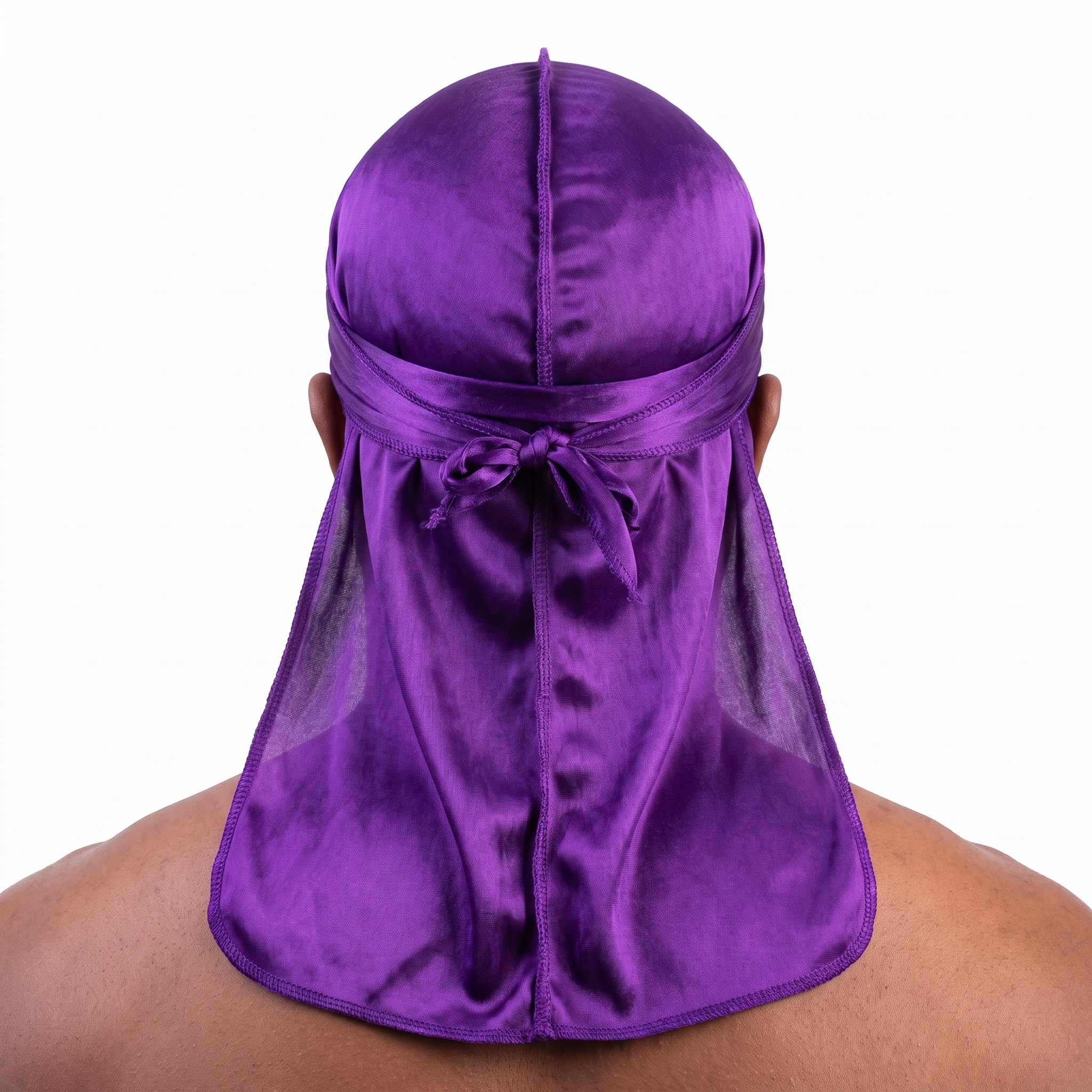 Premium Concord Purple Silk Durag worn by male model, back view showing tied wrap and tail