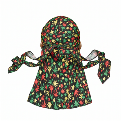 Rasta stripes Satin Silky Durag - premium silky durag back view showing wrap straps, tail and stitching