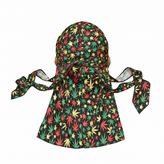 Rasta stripes Satin Silky Durag - premium silky durag back view showing wrap straps, tail and stitching