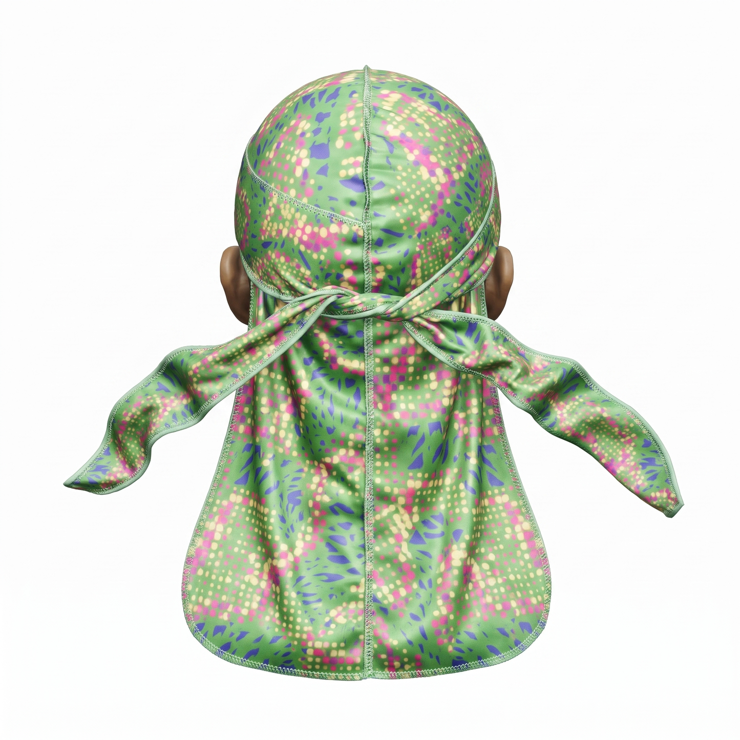 Digital Chameleon Lime pixel camo Satin Silky Durag - premium silky durag back view showing wrap straps, tail and stitching