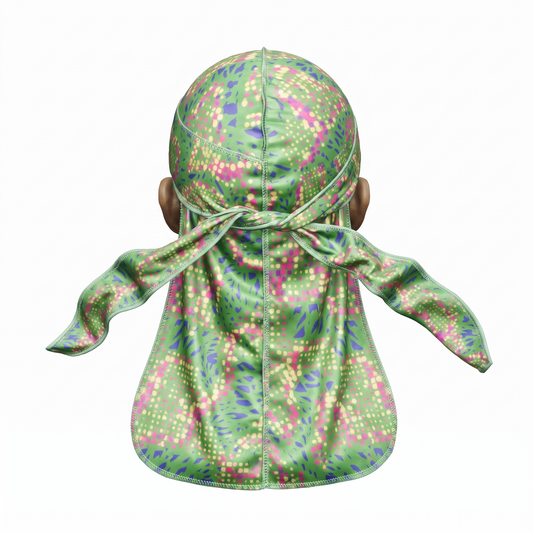 Digital Chameleon Lime pixel camo Satin Silky Durag - premium silky durag back view showing wrap straps, tail and stitching