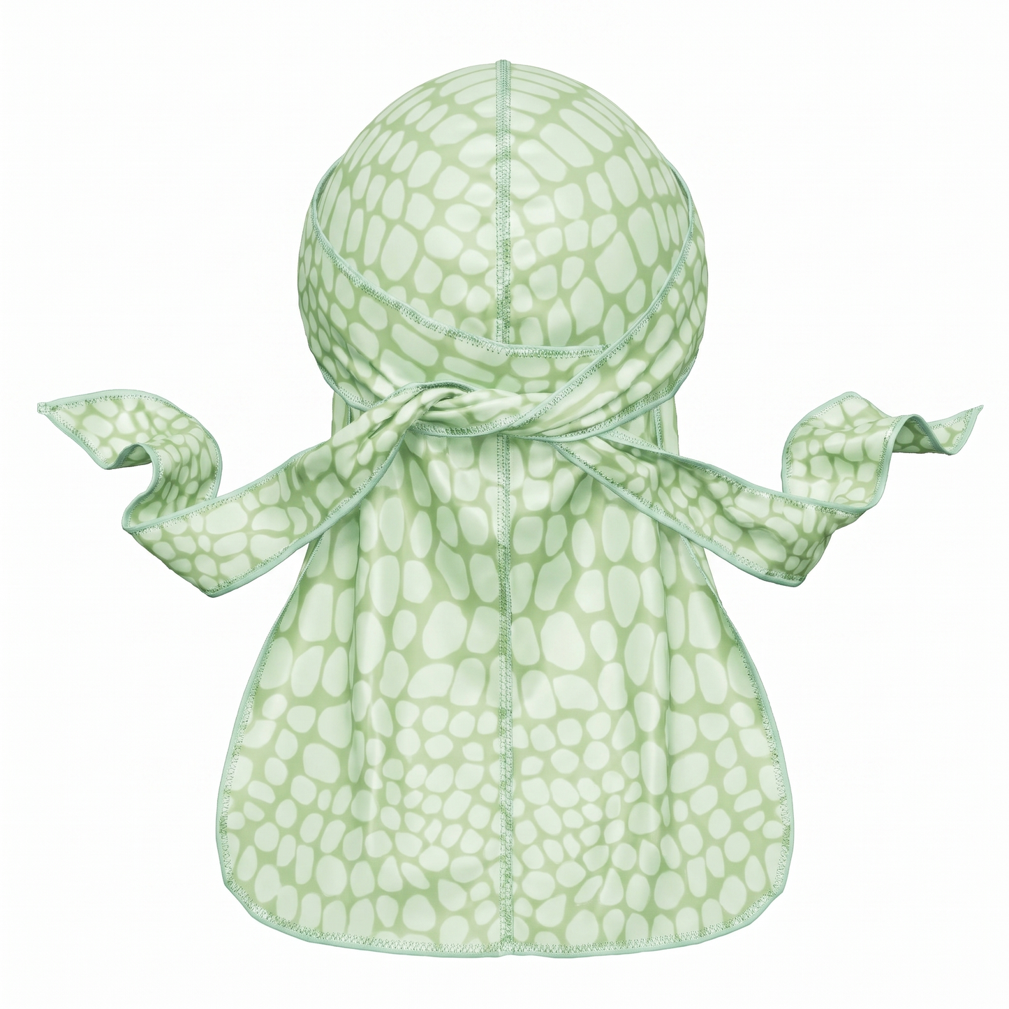Green crocodile skin Satin Silky Durag - premium silky durag back view showing wrap straps, tail and stitching