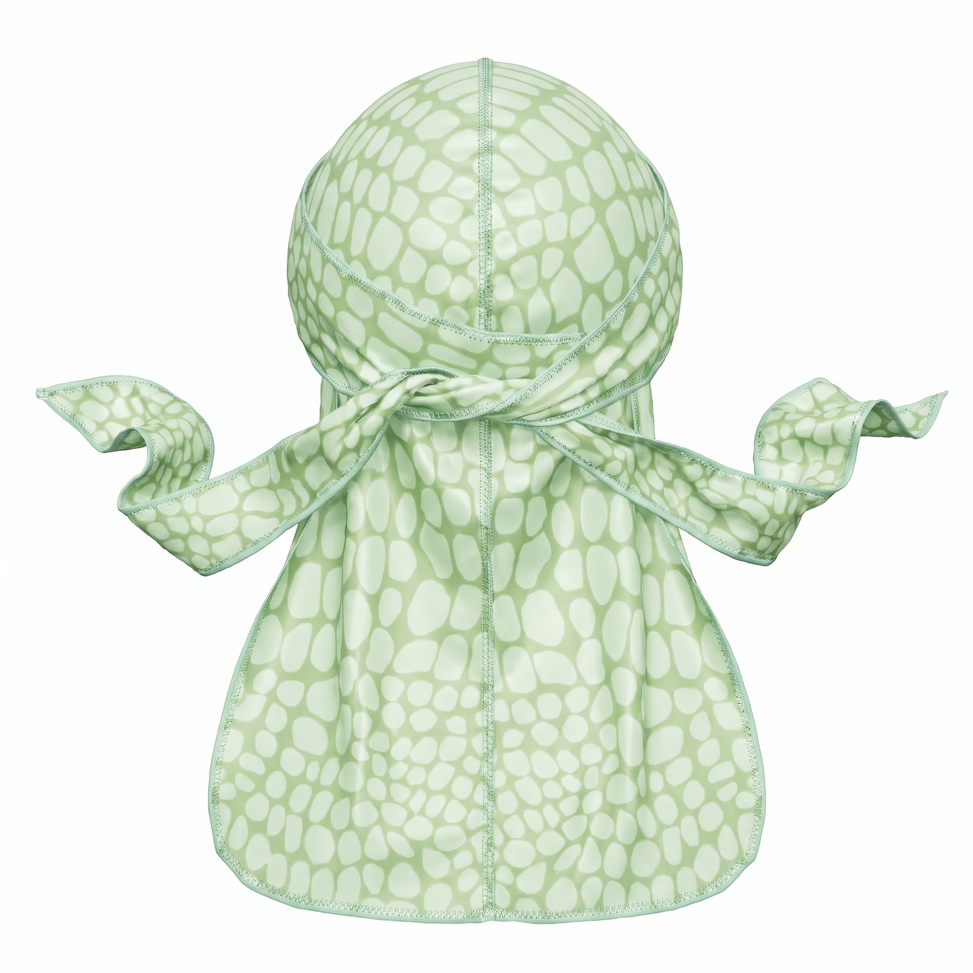 Green crocodile skin Satin Silky Durag - premium silky durag back view showing wrap straps, tail and stitching