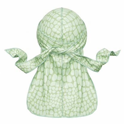 Green crocodile skin Satin Silky Durag - premium silky durag back view showing wrap straps, tail and stitching