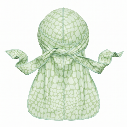 Green crocodile skin Satin Silky Durag - premium silky durag back view showing wrap straps, tail and stitching