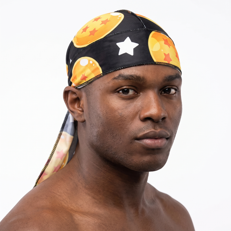 Dragon Ball Z Black Satin Silky Durag worn by male model, front view on white background