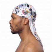 Demon Slayer anime graphic Satin Silky Durag worn by male model, side profile showing fit and tail drape