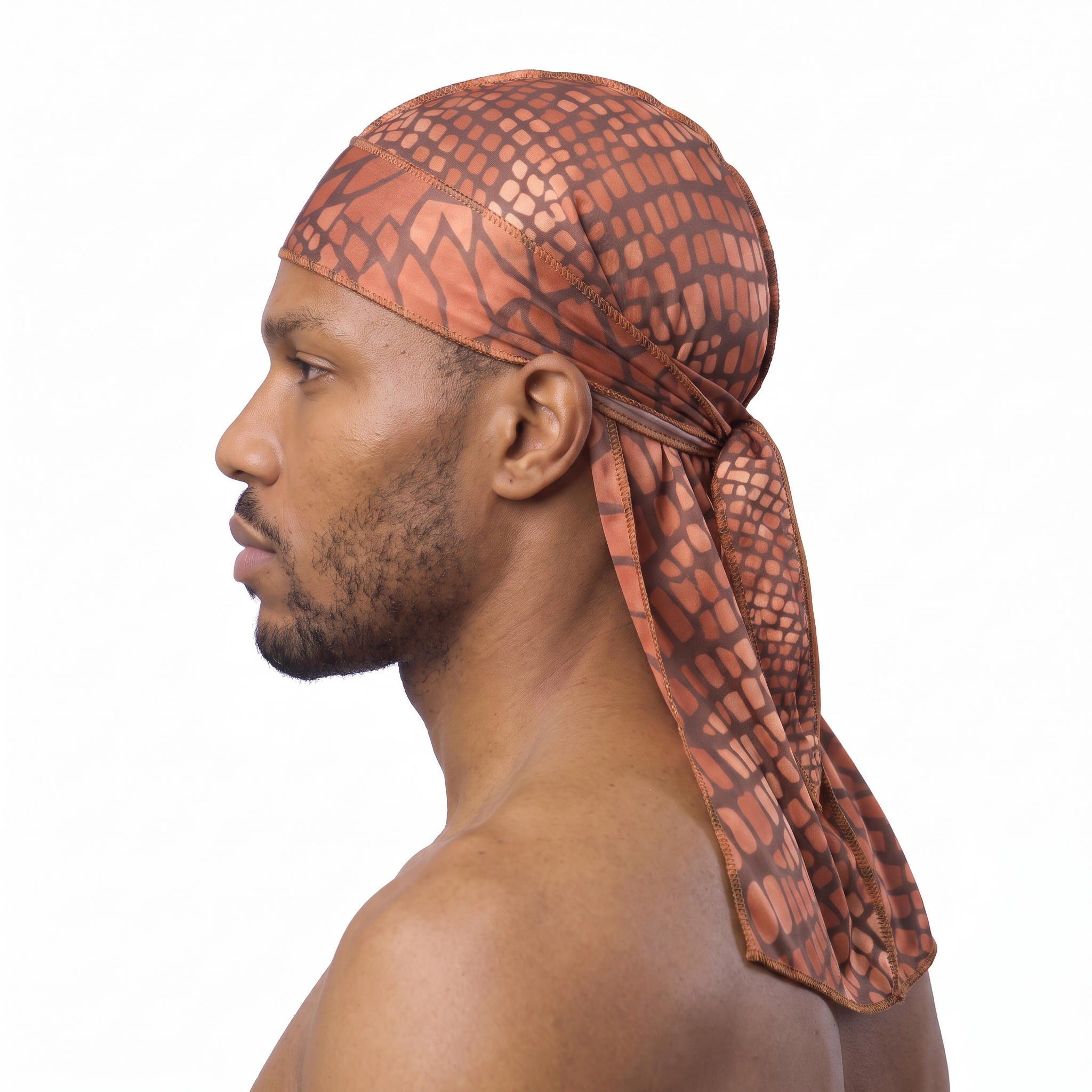 Clay reptile snakeskin Satin Silky Durag worn by male model, side profile showing fit and tail drape