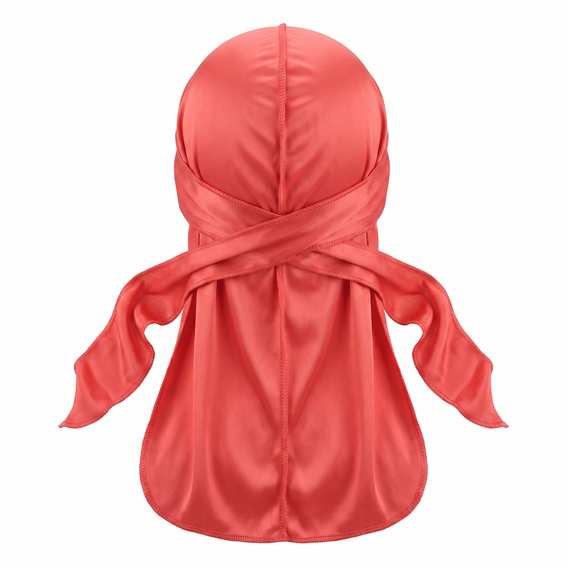 Premium Coral Red Silk Durag - premium heavy silky durag back view showing wrap straps, tail and stitching