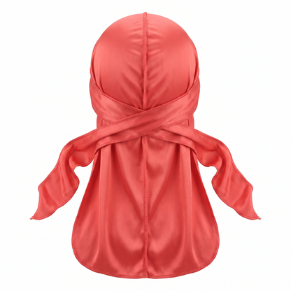 Premium Coral Red Silk Durag - premium heavy silky durag back view showing wrap straps, tail and stitching