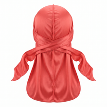 Premium Coral Red Silk Durag - premium heavy silky durag back view showing wrap straps, tail and stitching