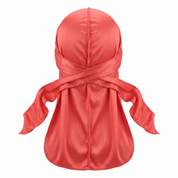 Premium Coral Red Silk Durag - premium heavy silky durag back view showing wrap straps, tail and stitching