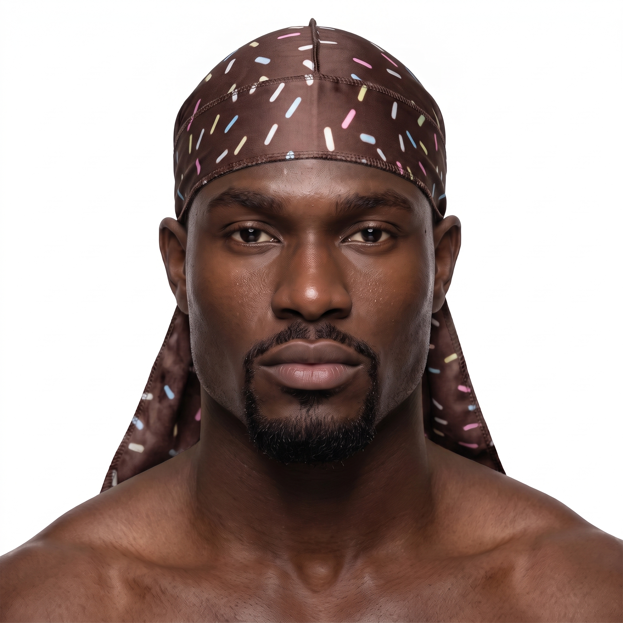Dark brown ice cream sprinkle Satin Silky Durag worn by male model, front view on white background